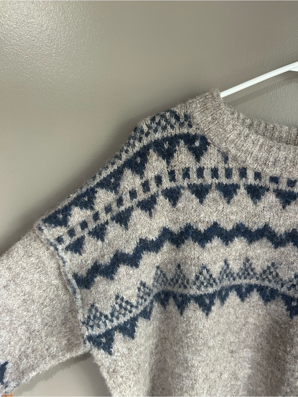 A'ltard State Fair Isle Crew Neck Chunky Knit Pullover Sweater - Taupe and Navy - Picture 5 of 12